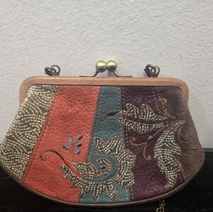 Vintage Fossil Kiss Lock Brown Multi Leather Embroidered Coin Wallet Purse